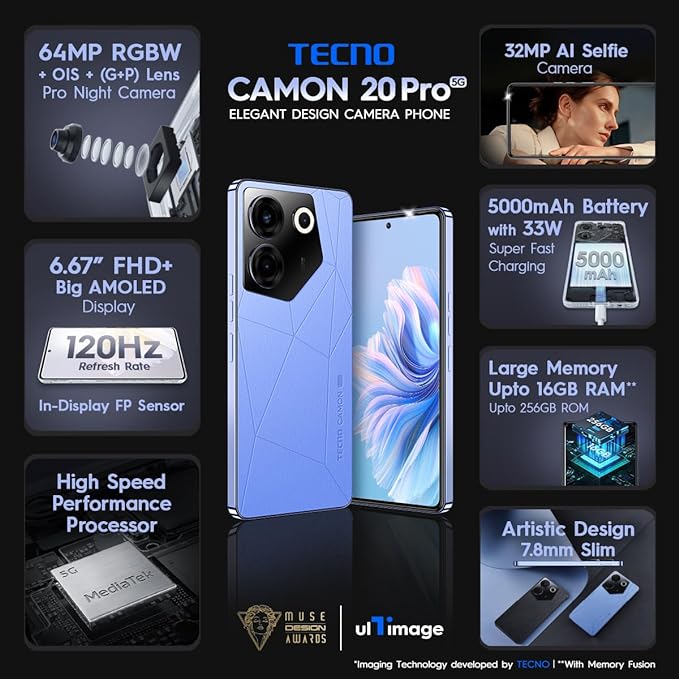 TECNO Camon 20 Pro 5G (Serenity Blue, 8GB RAM,128GB Storage) 6.67 FHD+ Big AMOLED Screen