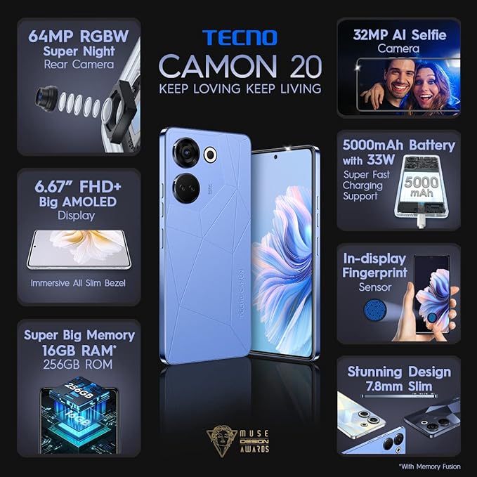 TECNO Camon 20 (Serenity Blue, 8GB RAM,256GB Storage)|16GB Expandable RAM