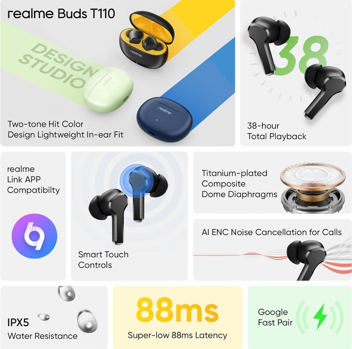 Realme Buds T110 with Ai Enc for Calls, Upto 38 Hours of Playback and Fast Charging Bluetooth in Ear Headset ( Black )